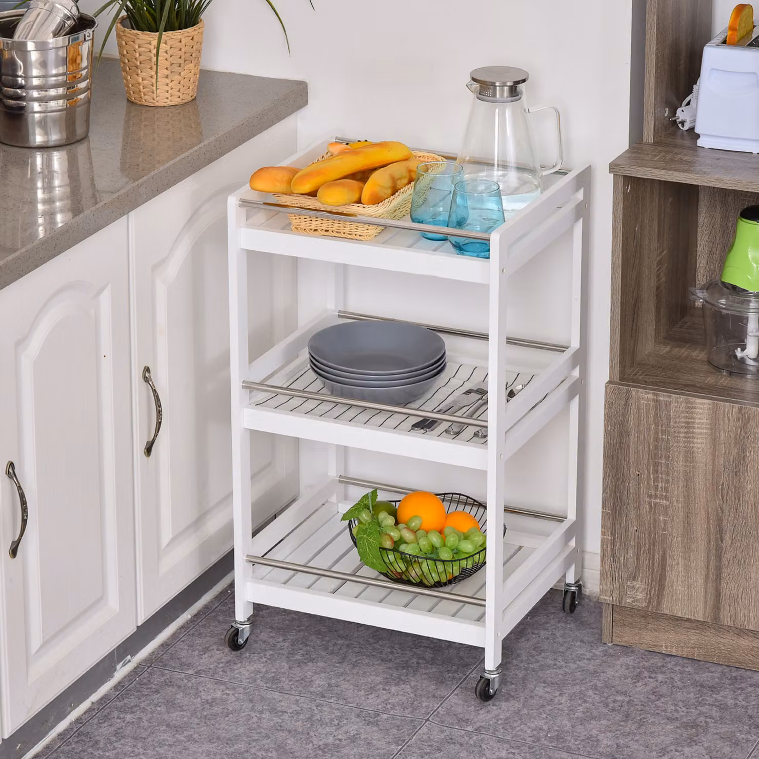 Carrello da cucina moderno HOMCOM con 3 ripiani e 4 ruote multidirezionali, in legno e metallo, bianco, L 45 cm x P 38 cm x H 78 cm – 2