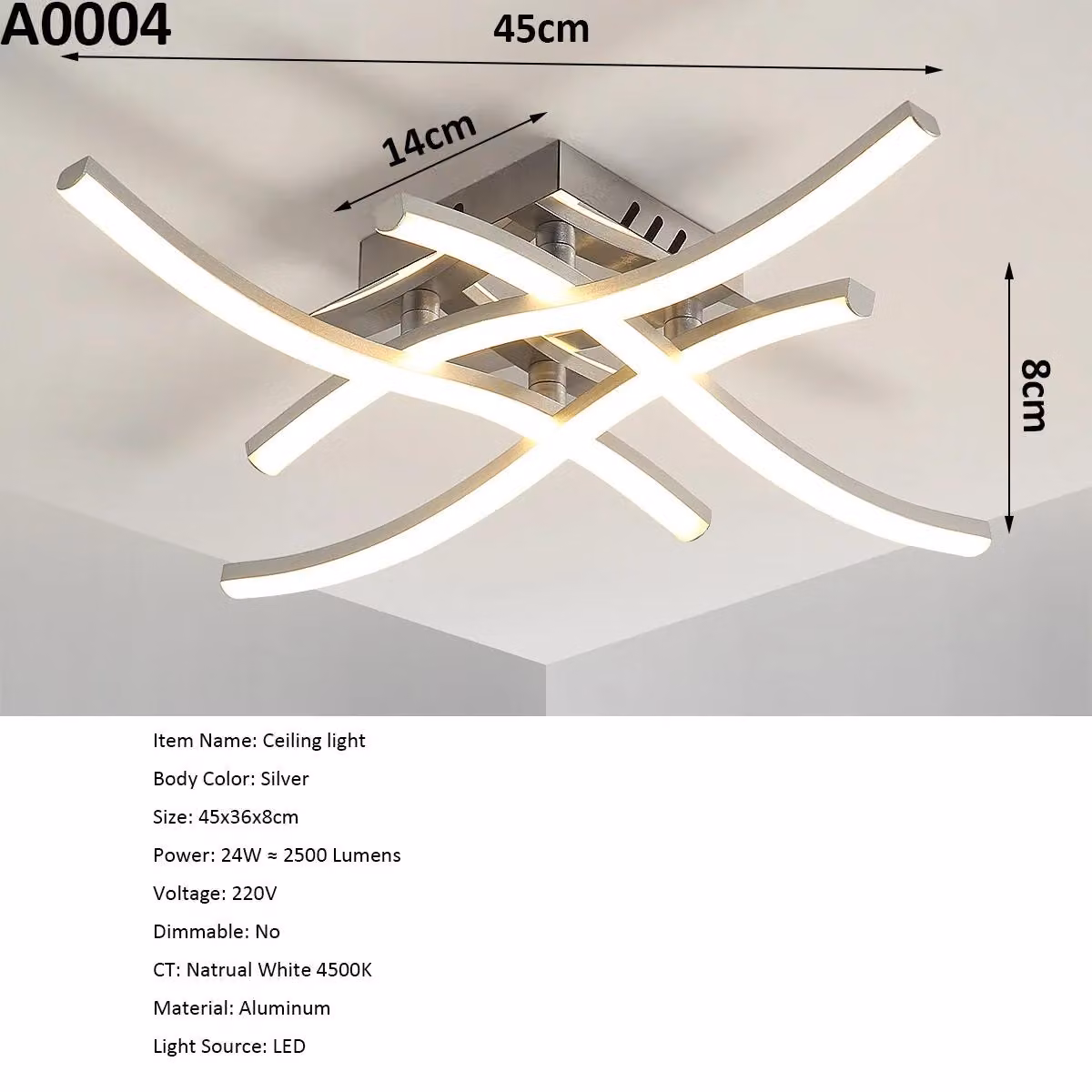 Lampada da soffitto moderna - Lampada da soffitto a LED - 4 sorgenti luminose - Design curvo - 6500 K (bianco freddo) - Non dimmerabile - Adatta per ambienti da 5 a 10 m² - Colore A0004