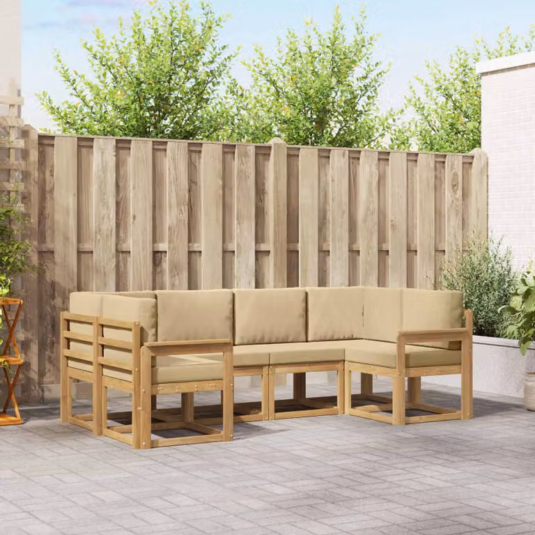 Set di divani da esterno vidaXL a forma di L composto da 6 pezzi in legno di acacia con cuscini bianchi e beige