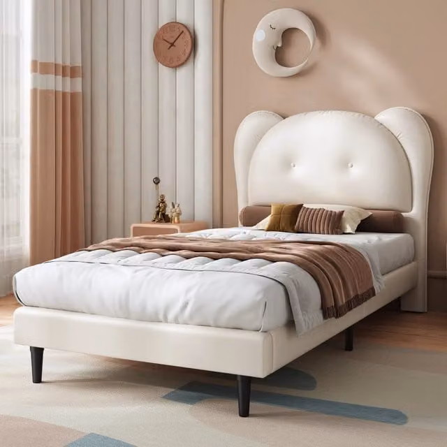 Letto singolo Mivray per bambini con testiera a forma di animale, rivestimento in ecopelle beige, telaio in metallo e rete a doghe, L/P/H: 90 x 200 x 108,5 cm