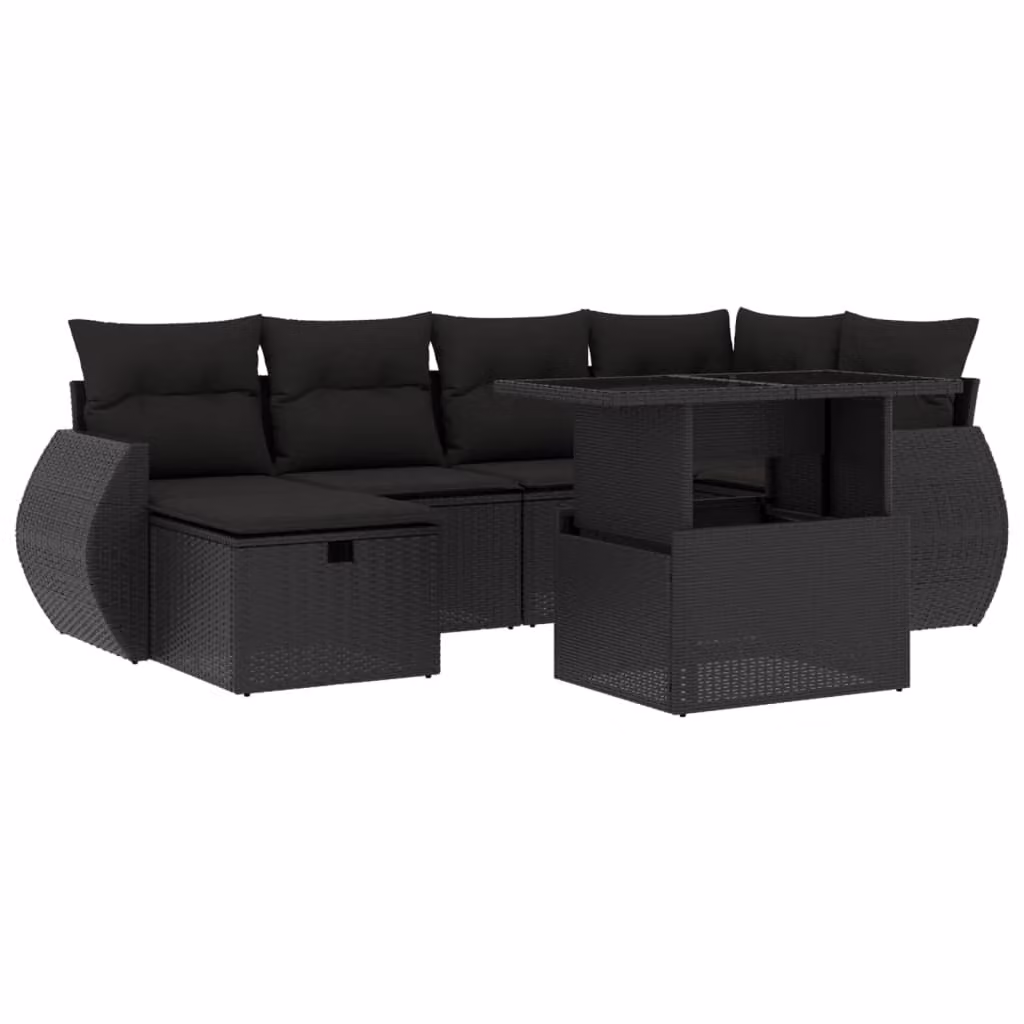 Set Divani da Giardino con Cuscini 7pz Nero Polyrattan
