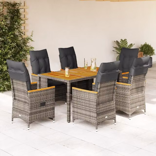 Set da pranzo da giardino vidaXL in polyrattan e legno di acacia grigio, 7 pezzi