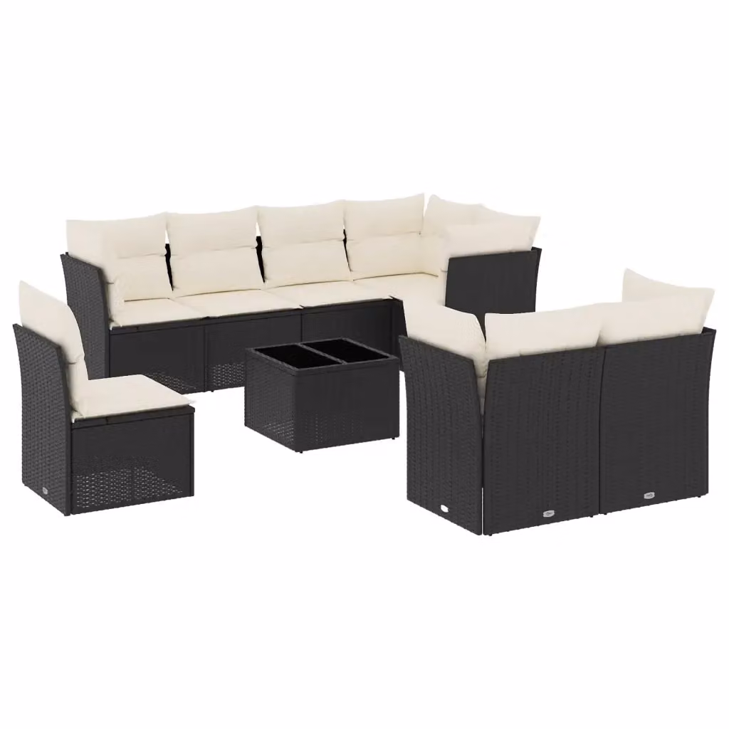 Set di divani da giardino vidaXL 9 pezzi a forma di U con cuscini e tavolino, colore nero e bianco, in rattan con struttura in acciaio verniciato a polvere e tessuto resistente ai raggi UV – 2