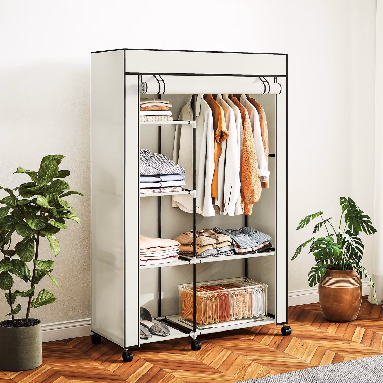 Armadio portatile HOMCOM in tessuto non tessuto e acciaio con ruote, 6 ripiani aperti e appendino, colore beige – 2