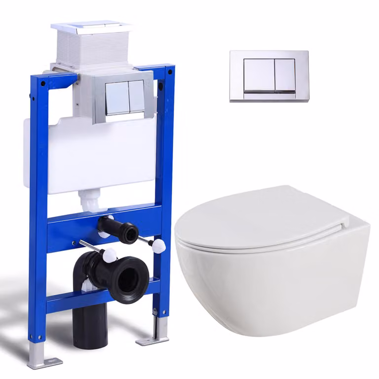 Set completo per WC a parete - cassetta di scarico da 82 cm + WC sospeso + placca di spinta rettangolare cromata HOROW