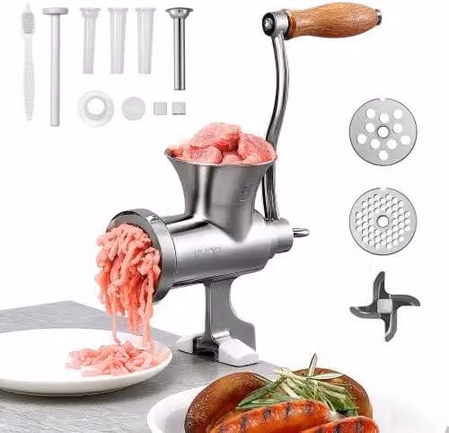 VEVOR Tritacarne Manuale in Acciaio Inox 304 con Manovella e Morsetto da Tavolo, Insaccatrice con 2 Piastre di Taglio e 4 Tubi per Salsicce, Colore Argento