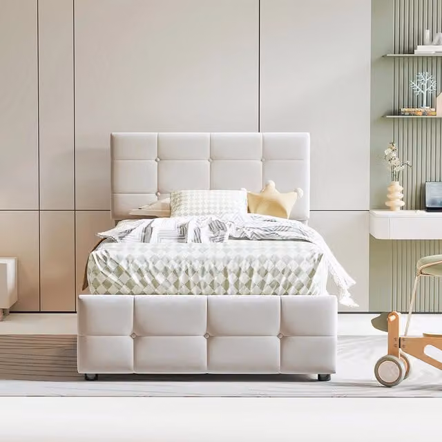 Letto a cassone imbottito per bambini - Xylo - 90x200 cm - Beige - Testiera regolabile in altezza, sistema idraulico