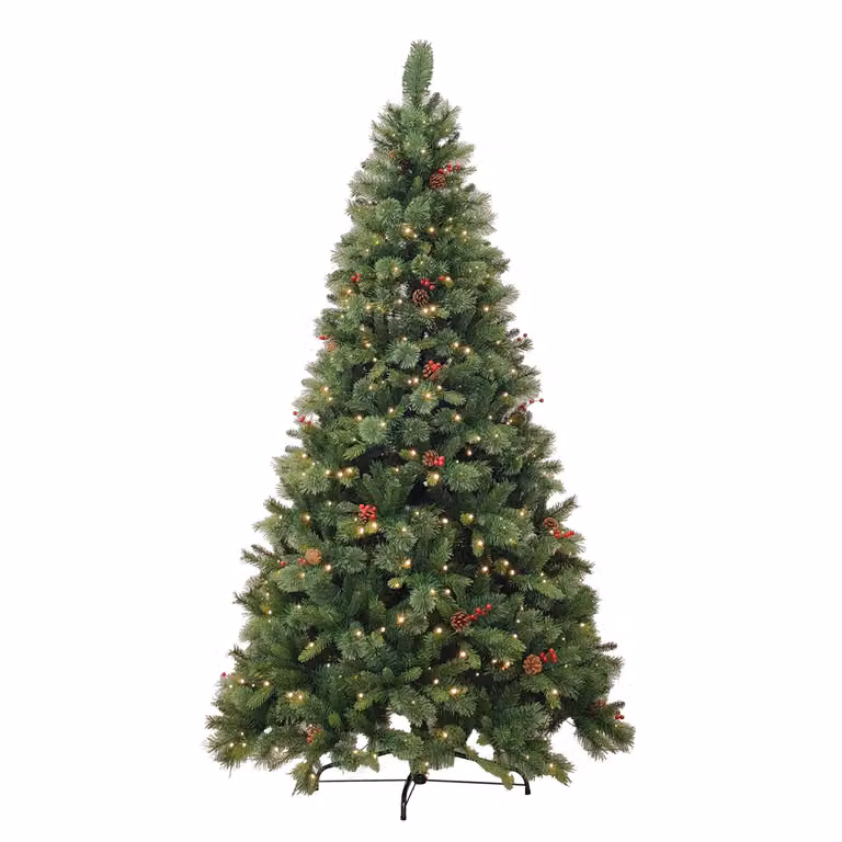 Albero di Natale Luminoso DICTROLUX Sirino con 600 LED Bianco Caldo, Pigne e Bacche, H 240 cm, Diametro alla base: 134 cm
