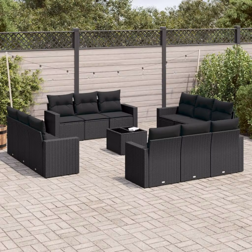 vidaXL Set Divani da Giardino 13pz in Polyrattan Nero con Cuscini e Tavolino – 1