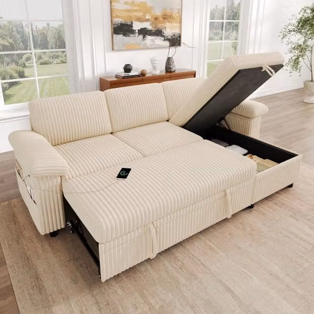 Divano angolare estraibile con cassetti ¨C Minimal ¨C Beige tessuto