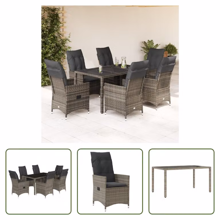 The Living Store Set da pranzo da giardino 7 pezzi con cuscini in poly rattan grigio