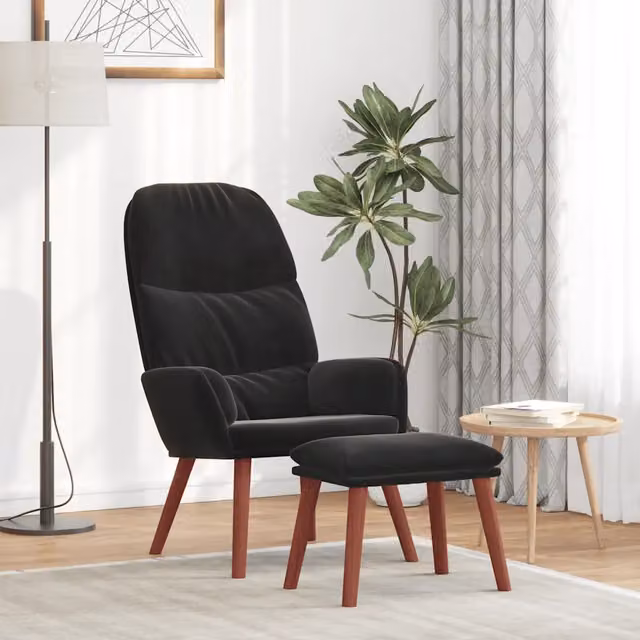 Poltrona Relax con Poggiapiedi in Velluto Nero con Struttura in Legno e Metallo – 1