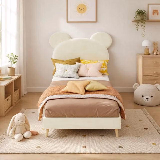Letto imbottito con contenitore a sollevamento pneumatico 90x200 cm in tessuto e metallo beige