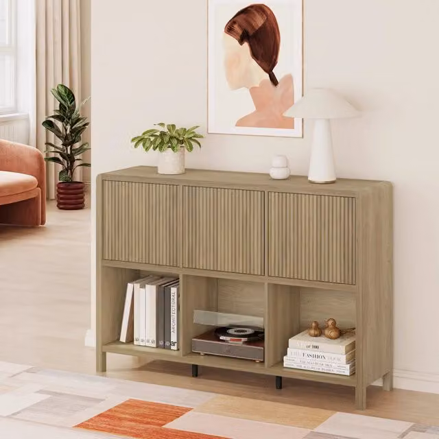Credenza Bassa Lukkodso en.casa con 3 Ante e Scomparti Aperti, Effetto Rovere Rustico, Marrone, L: 110 cm, H: 76,5 cm, P: 30 cm