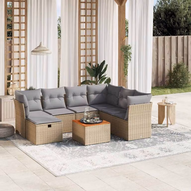 vidaXL Set Divano da Giardino a L 8 pz con Cuscini Beige e Grigio in Polyrattan e Acciaio