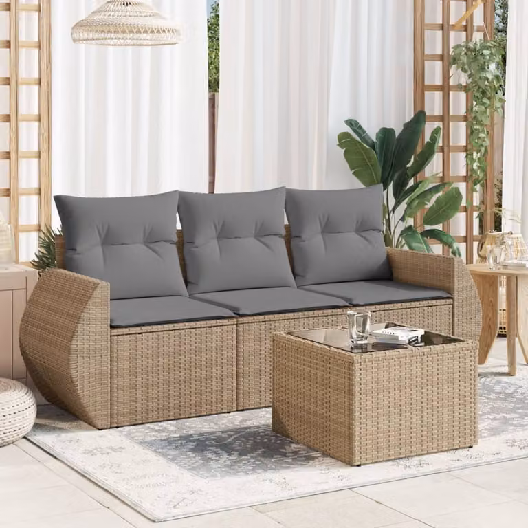 vidaXL Set Divano da Giardino 4 pz Moderno con Cuscini Beige e Tavolino in Metallo e Vetro