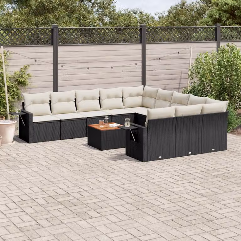 Set di divani da giardino vidaXL in polyrattan nero con cuscini e tavolino da esterno a forma di U