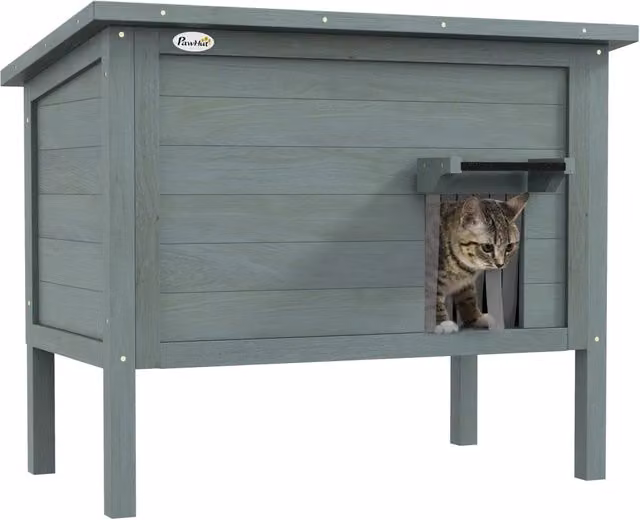 Cuccia per gatti da esterno in legno isolata 85 x 50 x 68,5 cm, casetta rialzata con tetto apribile, grigio scuro e nero