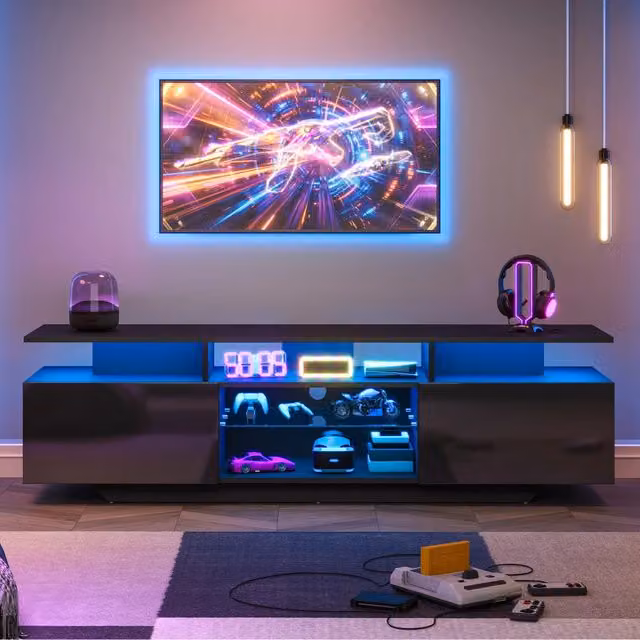 Mobile TV 160x40x45 cm in MDF nero lucido con LED, 2 ante e 8 ripiani per TV fino a 70 pollici