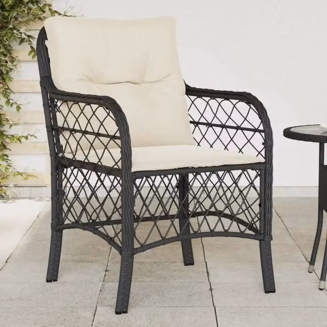 Set di 2 sedie da giardino vidaXL in polyrattan con cuscini neri e bianchi e braccioli