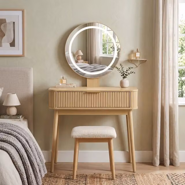 Tavolo da trucco Minimal con specchio LED e cassetti grandi, colore quercia, L/P/H: 80 x 40 x 133 cm