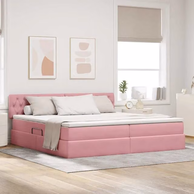 Letto con Contenitore vidaXL in Velluto Rosa e Bianco con Testiera, L/P/H: 200 x 200 x 280 cm