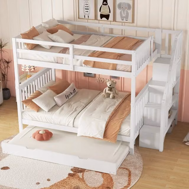 Letto a castello OKWISH per bambini in legno e MDF bianco con letto estraibile, scala con ripiani e sponde alte, L/P/H: 240 x 140 x 160,5 cm