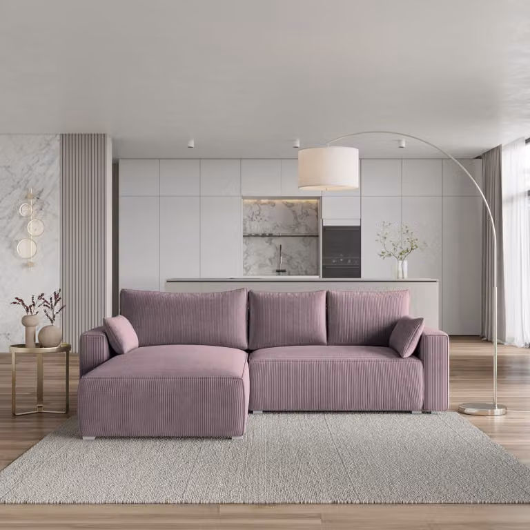 Divano angolare Masseno FORIL P con funzione letto a L, divano con box letto, divano da salotto, divano, divano, divano letto, set di divani - viola, POSO 130