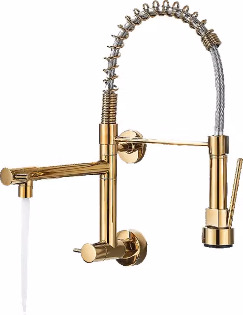 Rubinetto da cucina professionale Klarwerk in acciaio inox oro con beccuccio girevole e funzione spray per lavello, montaggio a parete – 1