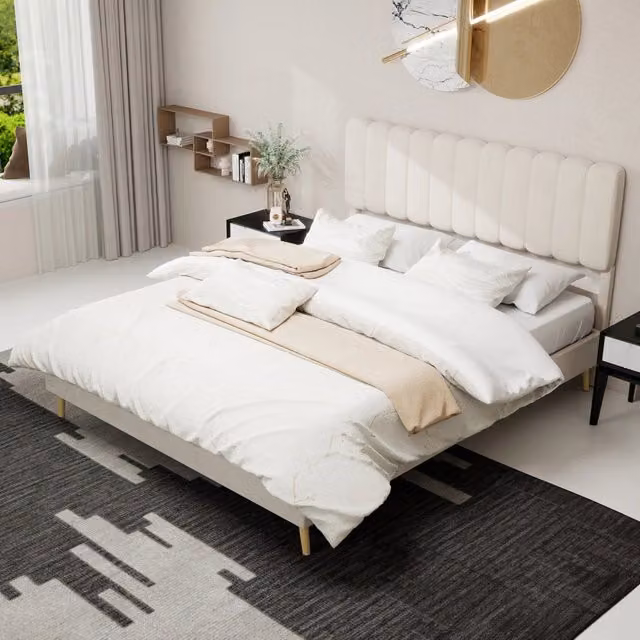 Letto matrimoniale imbottito 160 × 200 cm 2 posti, senza materasso, in velluto beige e metallo