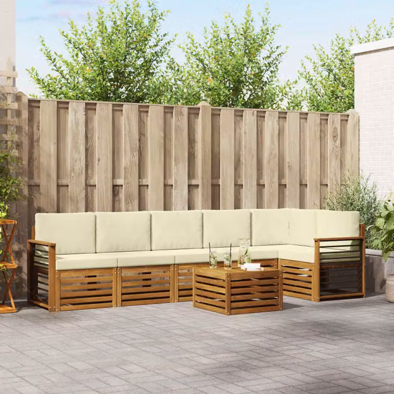 Set di divani da esterno vidaXL 7 pezzi in legno di acacia con cuscini, colore beige e bianco