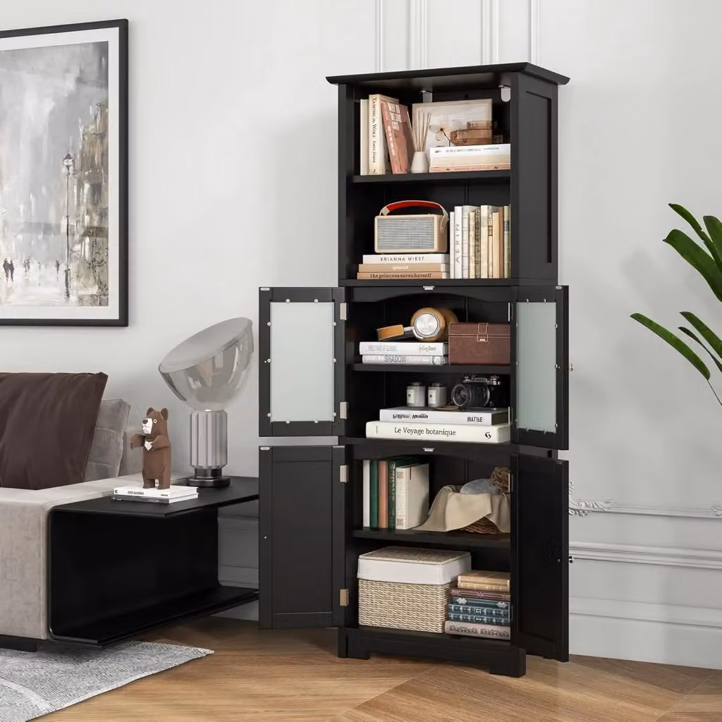 Armadio da Bagno e Soggiorno Costway Nero con Ante in Vetro e Ripiani Interni, L: 60 cm, P: 30 cm, H: 163 cm – 2