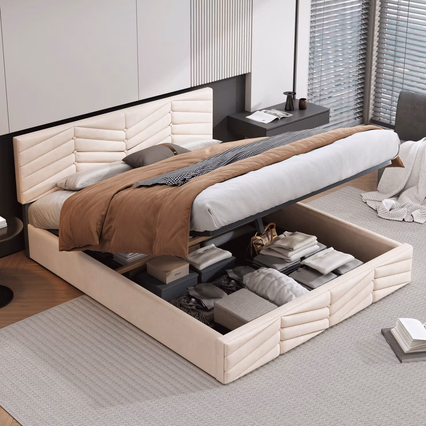 Letto imbottito Flieks con contenitore, letto matrimoniale 140x190cm con rete a doghe, letto contenitore funzionale letto in velluto, beige