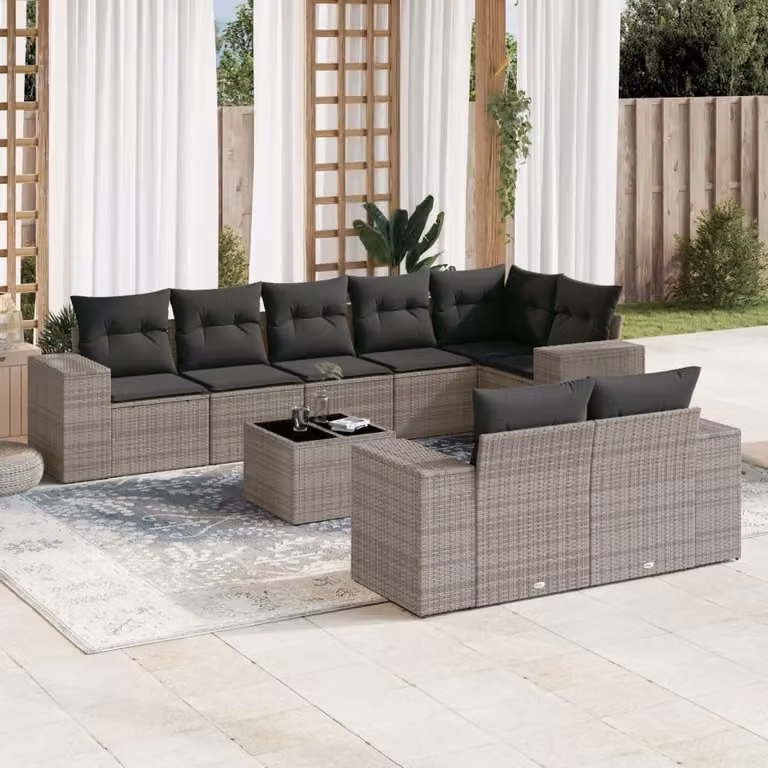 vidaXL Set Divano da Giardino a L 9 pz in Polyrattan Grigio con Cuscini e Tavolino