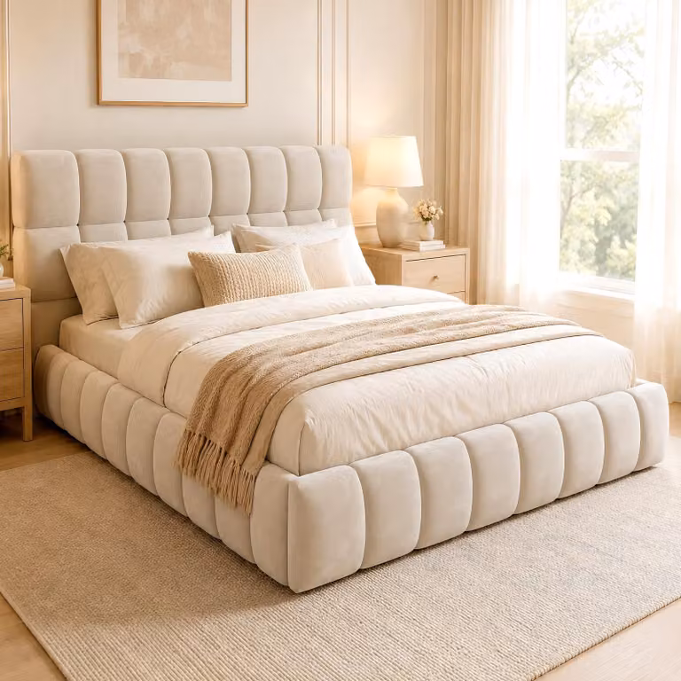 Letto imbottito Merax 140x200 cm con morbido schienale, letto matrimoniale per ragazzi in legno e pannelli truciolari, letto piatto in velluto con bordatura imbottita, beige