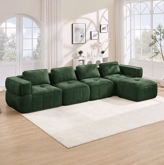 Divano modulare senza telaio con pouf; 344 x 162 x 67 cm; poliestere verde