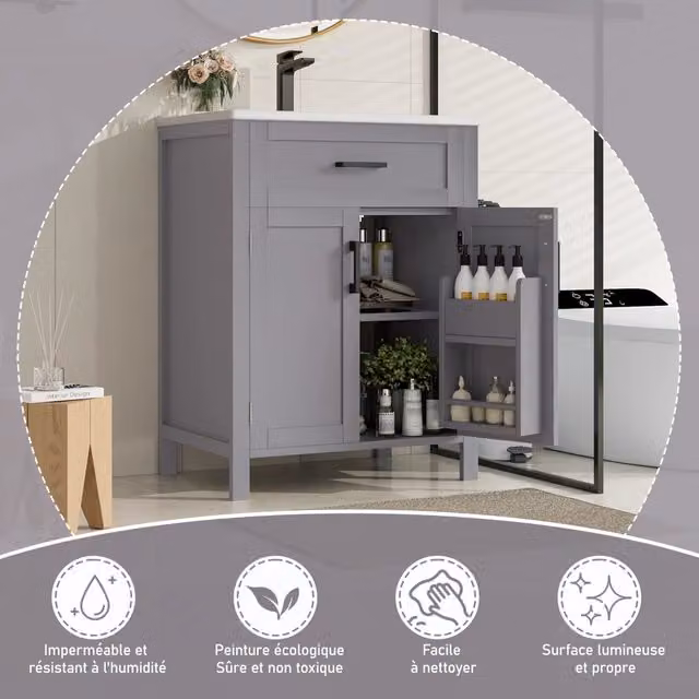 Mobile Bagno con Lavabo Integrato ¨C MINIMAL ¨C Grigio, 2 Ante, Cassetti, 60x46x85