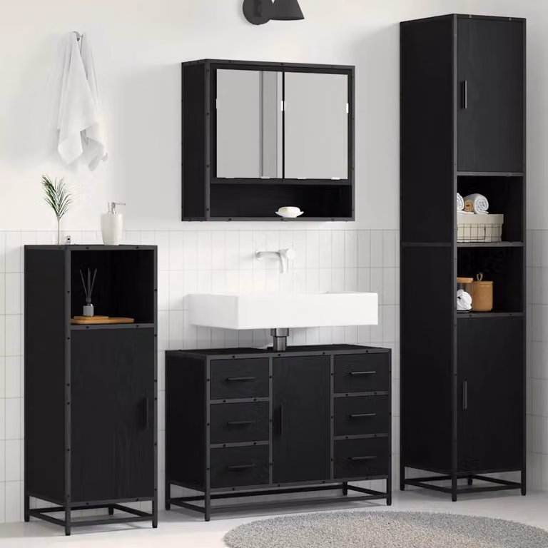 Set di mobili per il bagno moderno vidaXL in 3 pezzi, colore nero e rovere, con armadietto a specchio, mobile lavabo e colonna alta, L/P/H: 90 x 33 x 188,5 cm