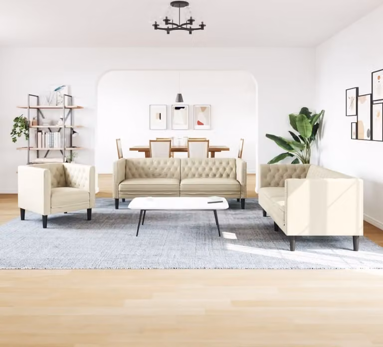 Set Divani Chesterfield 3pz Crema in Pelle finta