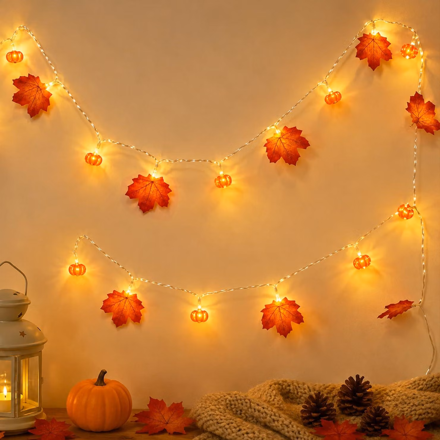 Catena luminosa a tema autunnale, con foglie d'acero e zucche, lunghezza 3 metri, 20 LED