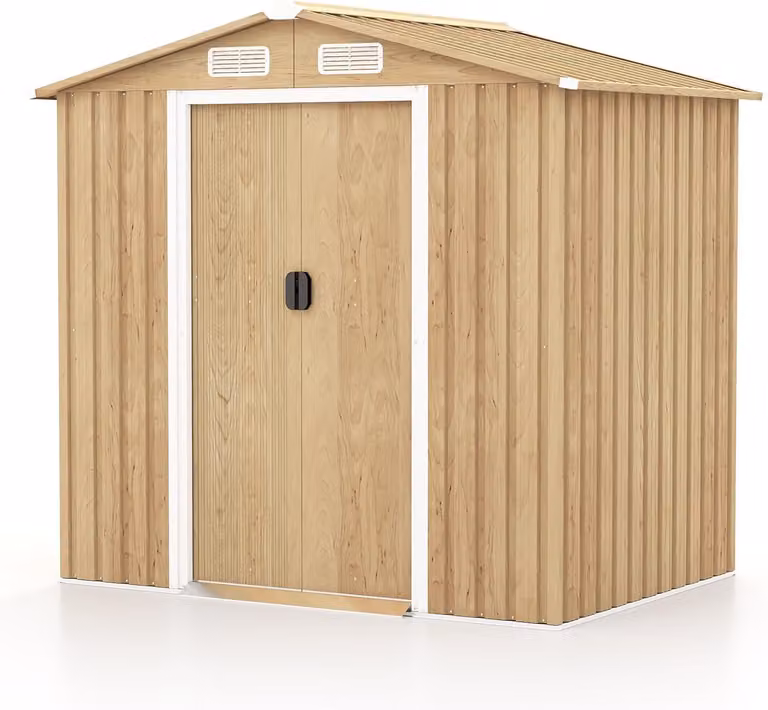 Capanno per attrezzi in metallo COSTWAY con serratura, capanno per attrezzi con 4 prese d'aria, rampa e porta scorrevole, capanno da giardino 196x142x186cm