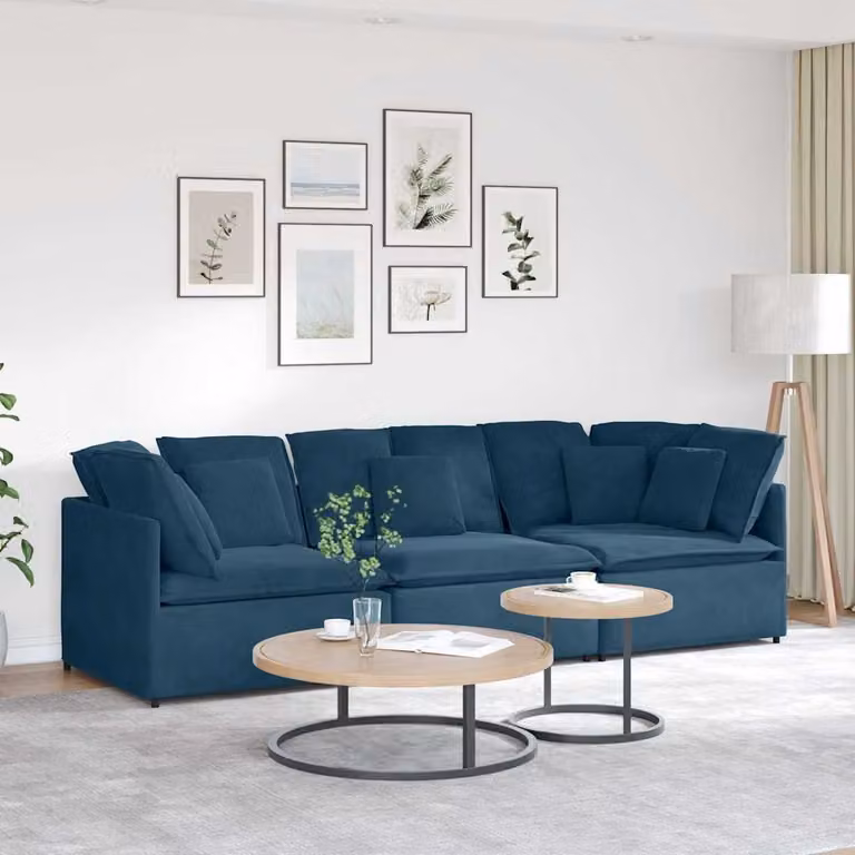 vidaXL Divano Modulare a L in Velluto Blu con Cuscini e Struttura in Metallo e Legno