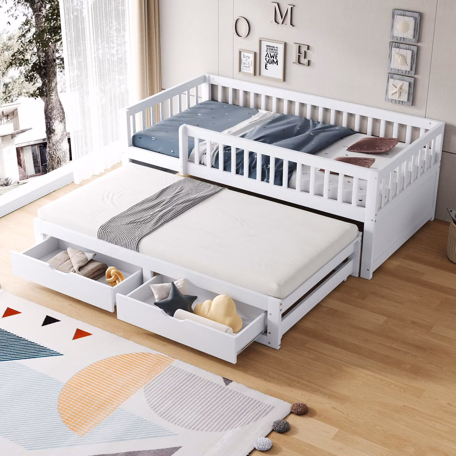 MODFU Divano letto 90×200 con contenitore, Letto allungabile con rete a doghe, Letto allungabile con sponda di sicurezza completamente rivestita, senza materasso, bianco