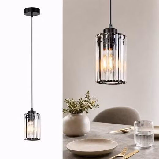 ZMH Lampada a sospensione tavolo pranzo 1 luce nera cristallo attacco E27 regolabile in altezza lampada moderna per camera corridoio cucina sala