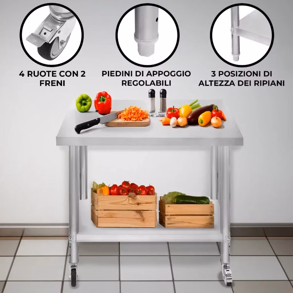 Banco di lavoro per ristorazione MONSTER SHOP in acciaio inox color argento con ruote e altezza regolabile L/P/H: 90 x 60 x 86 cm – 2