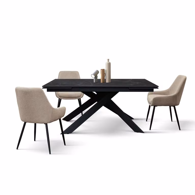 Tavolo CALVI in ceramica, effetto marmo nero e base in metallo verniciato nero, allungabile 160×90 cm-240×90 cm