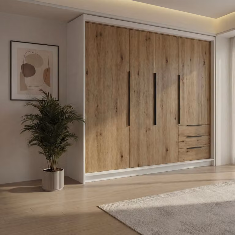 Spazioso armadio a quattro ante KLARI con cassetti e maniglie in metallo – design moderno