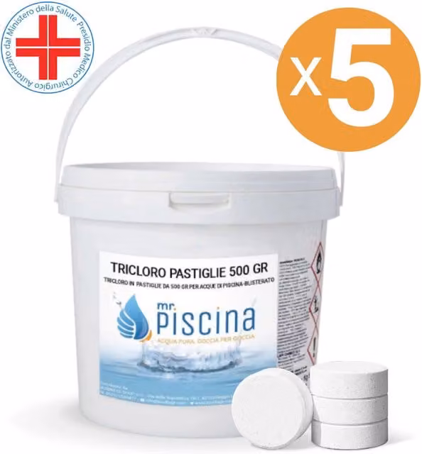 TRICLORO 90% in PASTIGLIE 500 gr. per piscina, presidio medico chirurgico Quantità confezione: 5 confezioni
