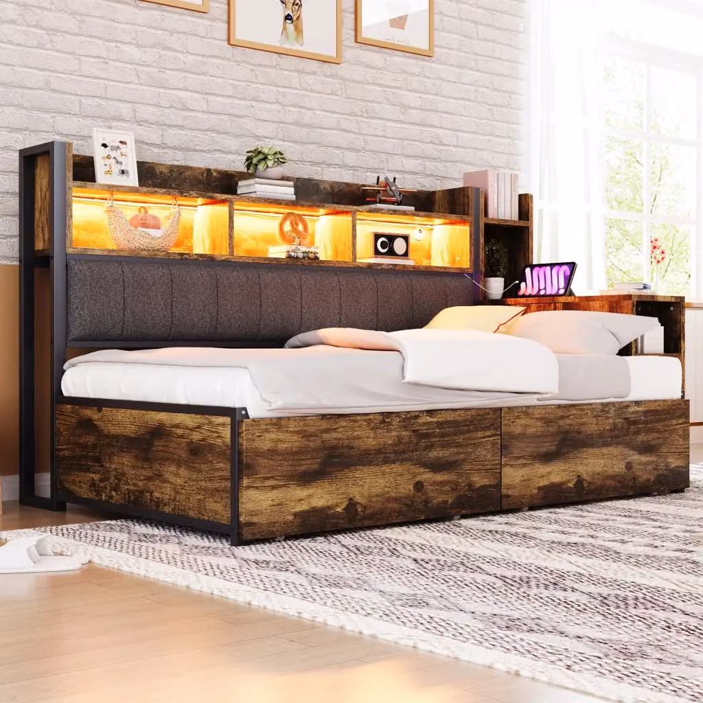 Letto singolo per bambini con cassetti, scrivania estraibile e prese USB, colore marrone, L/P/H: 90 x 200 x 114,2 cm – 2
