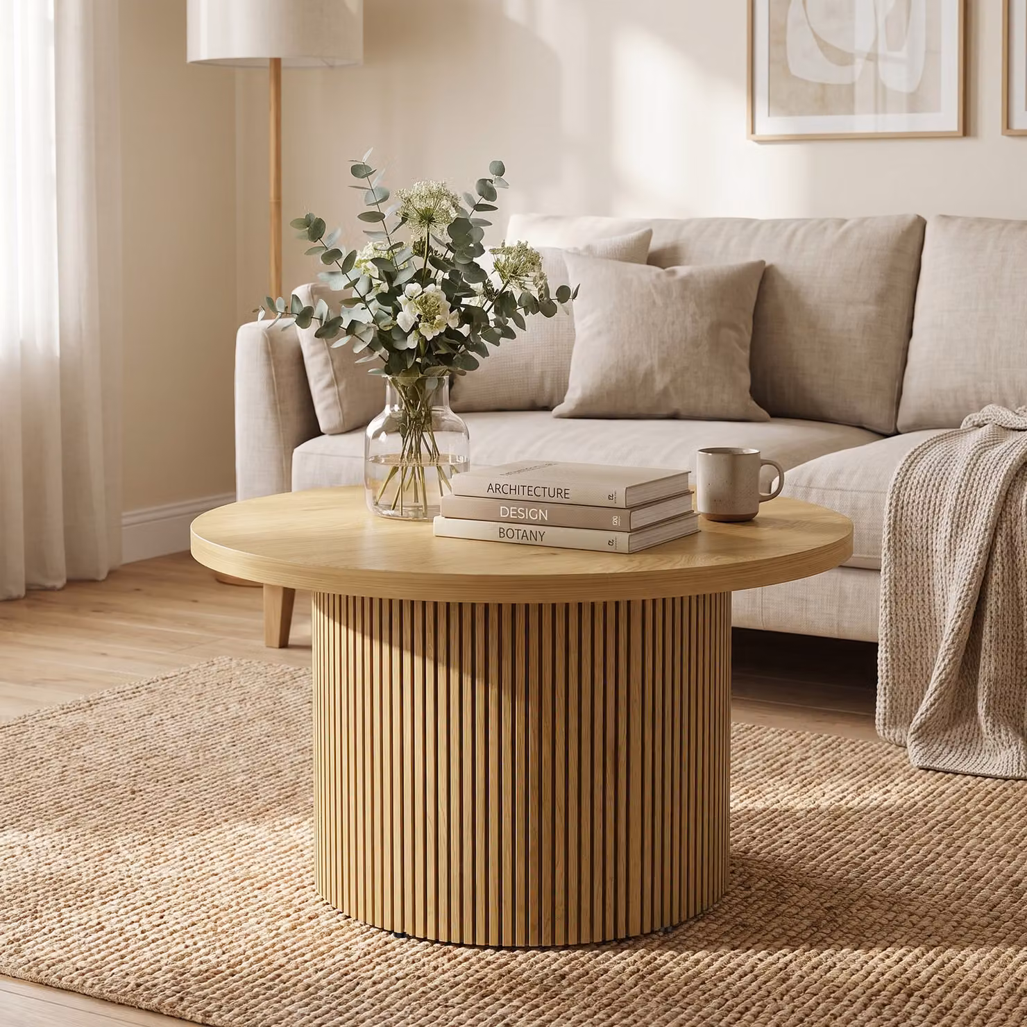 Tavolino rotondo moderno HOMCOM in legno con base scanalata, colore marrone naturale – 2